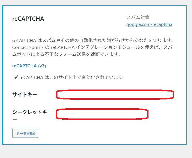 WordPressにおけるreCAPTCHAキーの登録完了状態(有効化済み)
