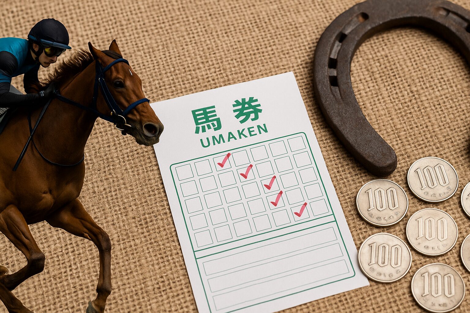 馬券と100円玉が並ぶ競馬のイメージ写真。左には騎手とともに走るサラブレッド、右には蹄鉄と複数の硬貨が配置されている。