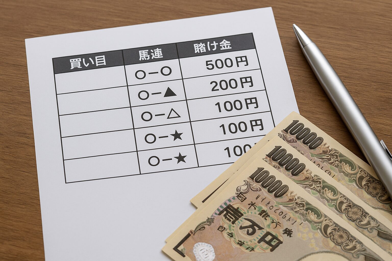 競馬の馬券と日本円、ペンが並んだ木製テーブルの上の写真