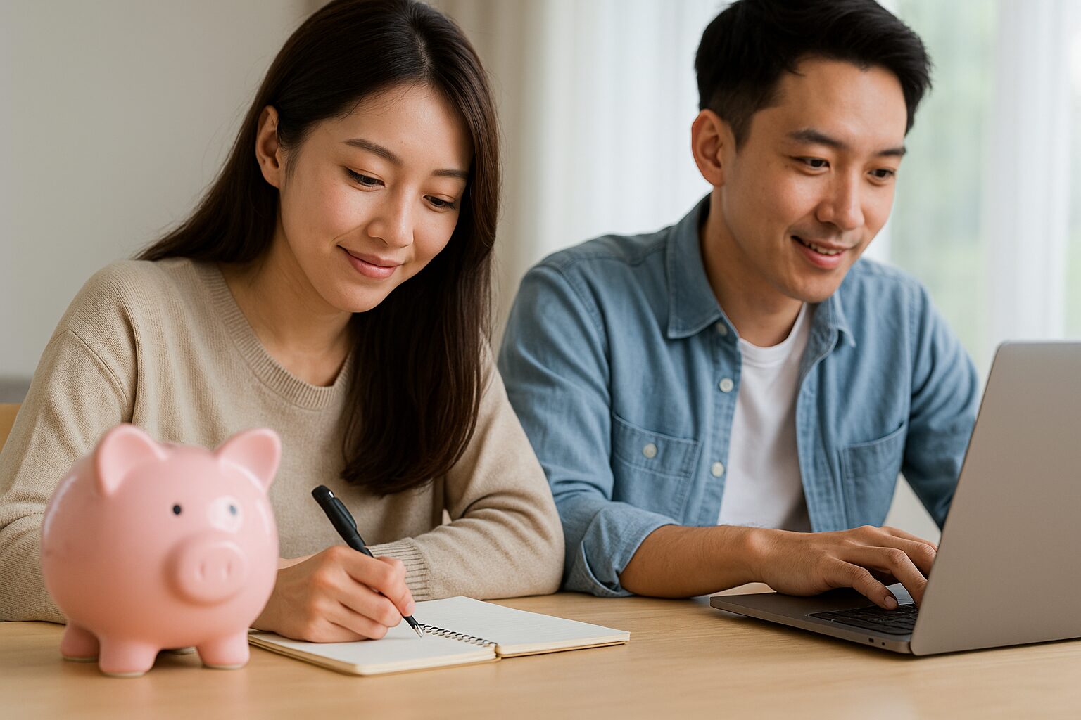 若い夫婦が明るい部屋で積立投資の計画を立てている様子