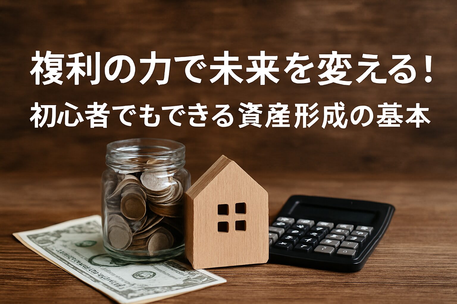 複利の力を象徴する家型オブジェとコイン瓶、電卓が並ぶ資産形成のイメージ