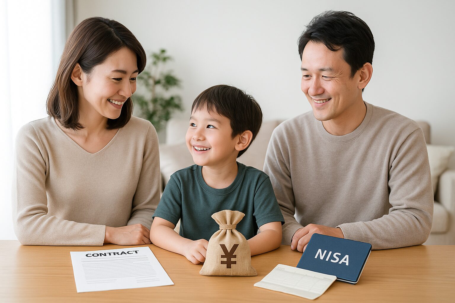 教育資金の相談をする家族と、契約書・NISA・貯金袋が並んだテーブルの写真