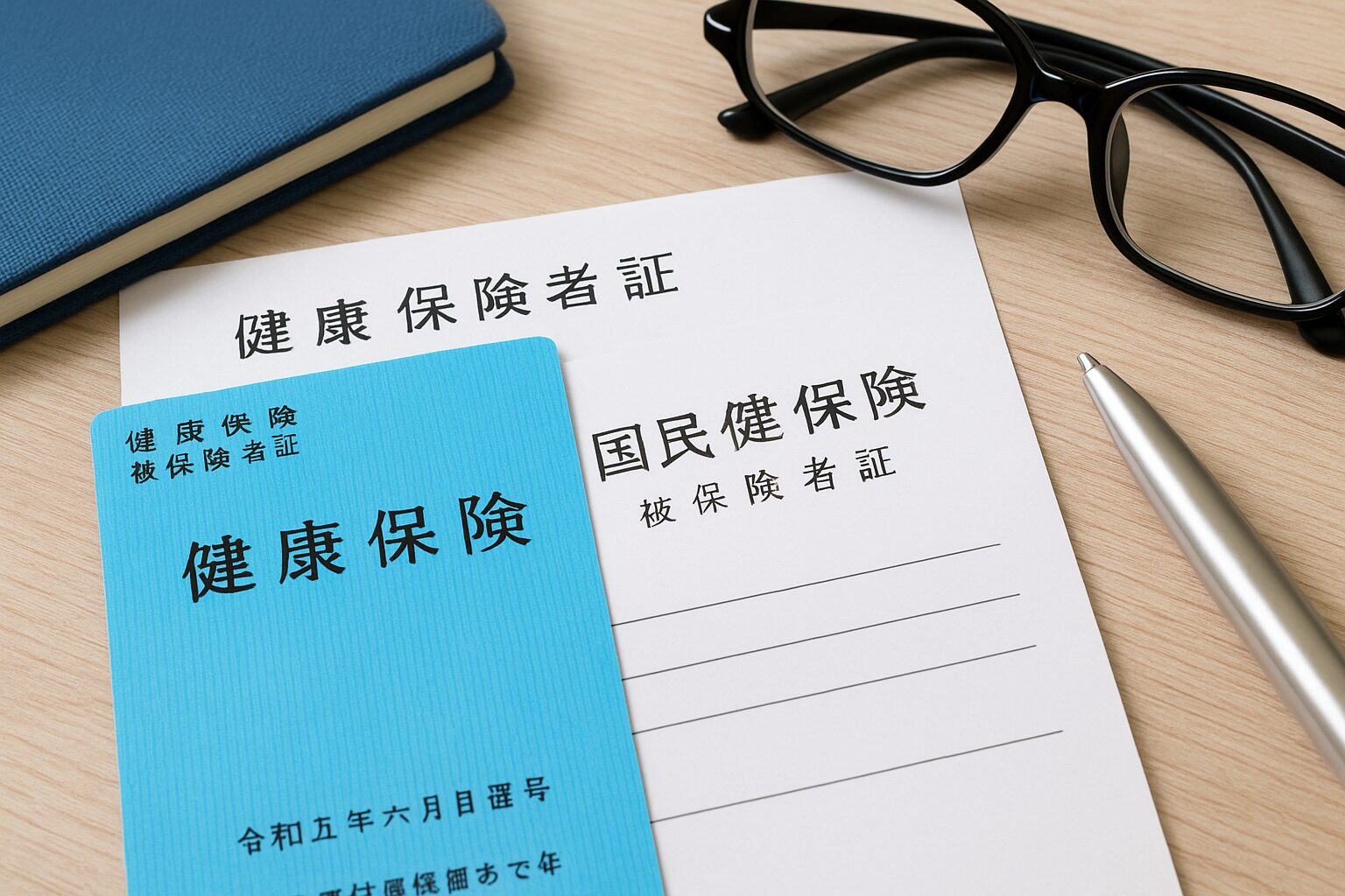 日本の健康保険証と電卓が並ぶ机上の様子