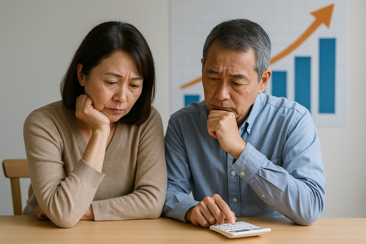 老後資金について話し合う中年夫婦と背景に上昇グラフ