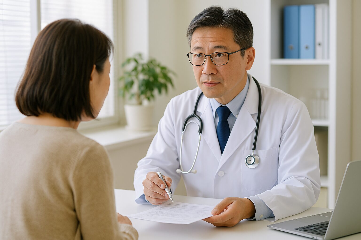 医療保険の内容を説明する医師と真剣に話を聞く女性患者の様子