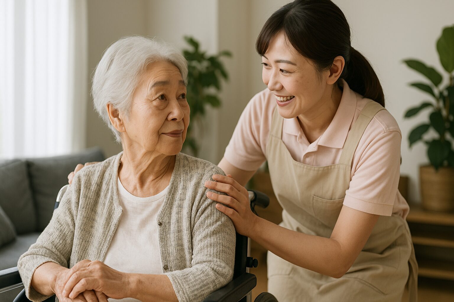 車椅子に座る高齢の女性と、それに寄り添う若い介護スタッフが笑顔で会話している様子