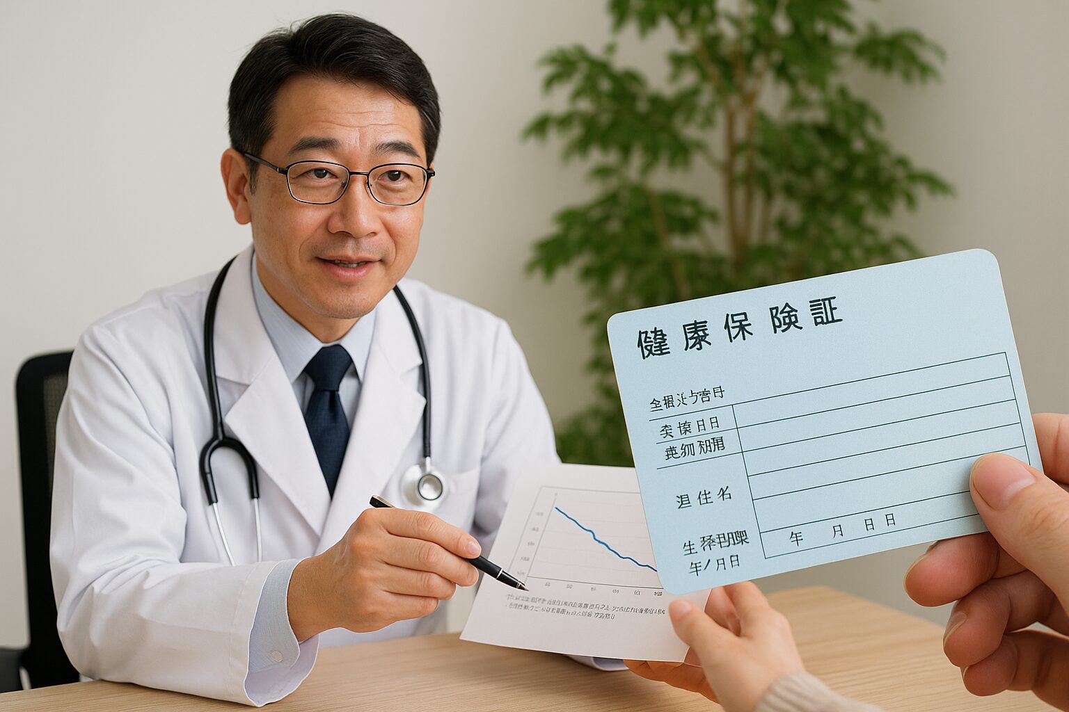 高額療養費制度を説明する医師と健康保険証