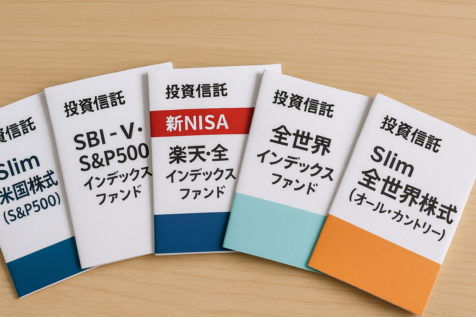 新NISAで人気の投資信託パンフレット5種類が並ぶ机上の写真