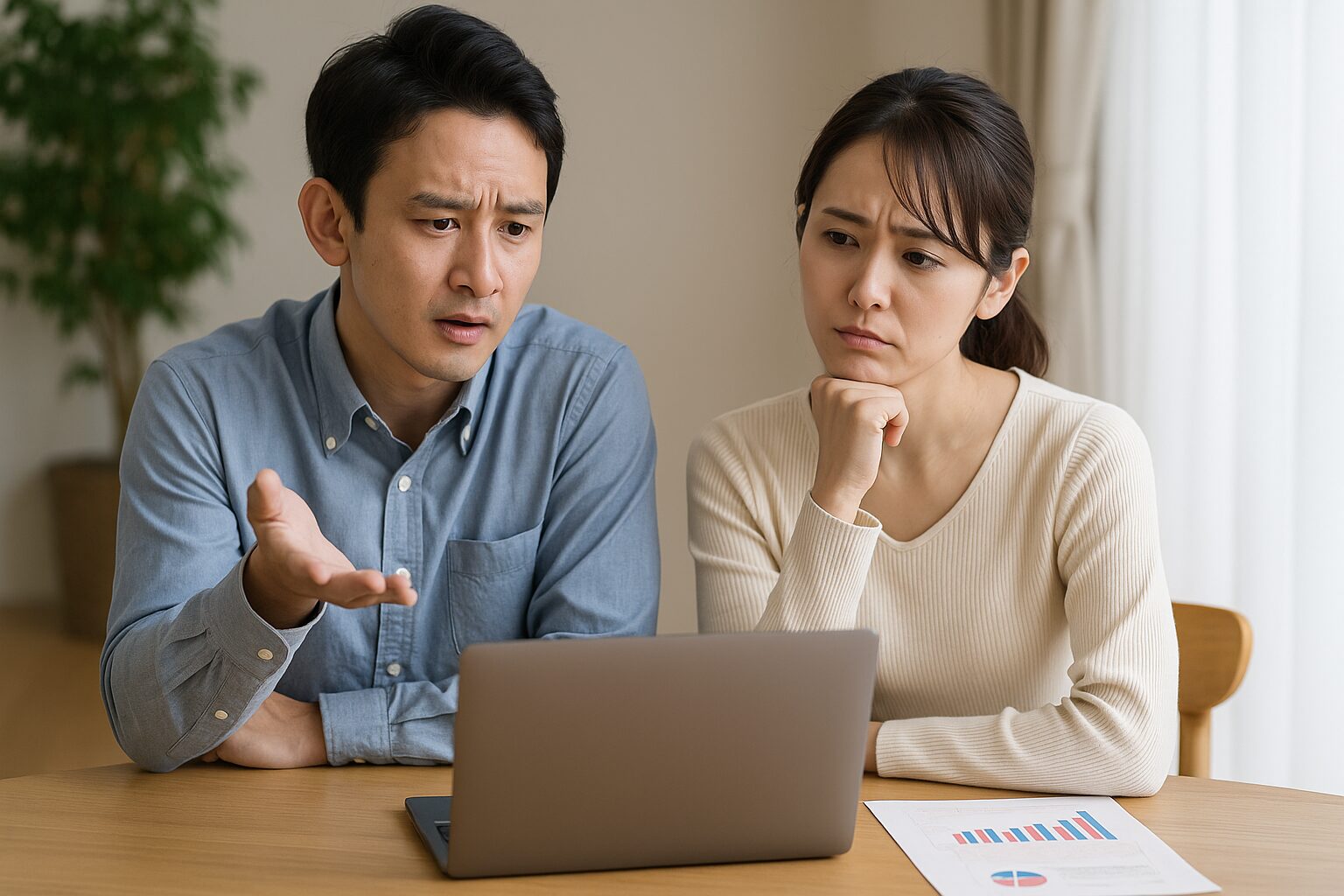投資に不安を感じながらパソコンを見つめる30代夫婦の写真