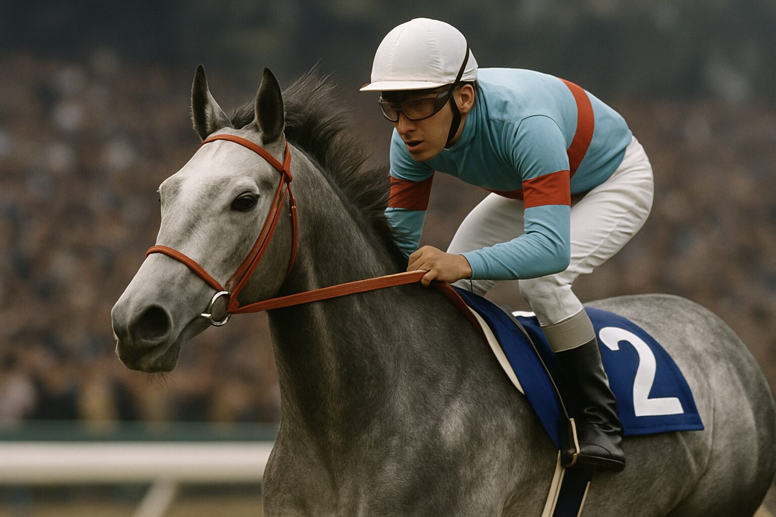 力強く走る芦毛の競走馬と騎手の写真風イメージ