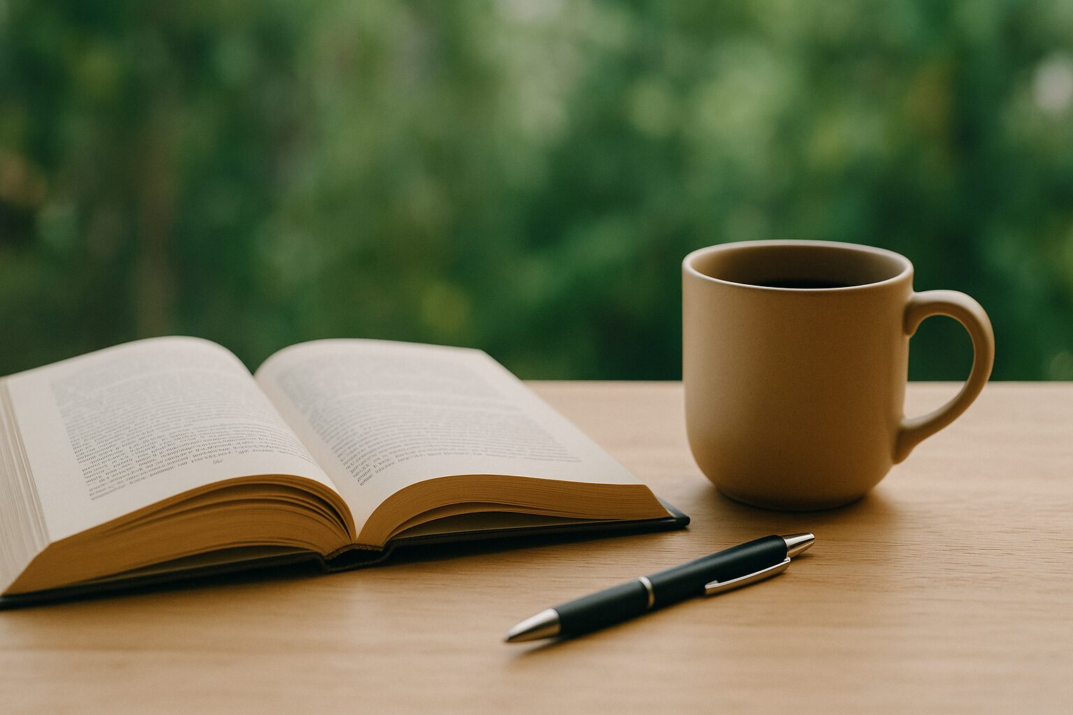 読書とコーヒーで過ごす静かな時間を写した一枚。のんびりした暮らしの象徴的な風景写真