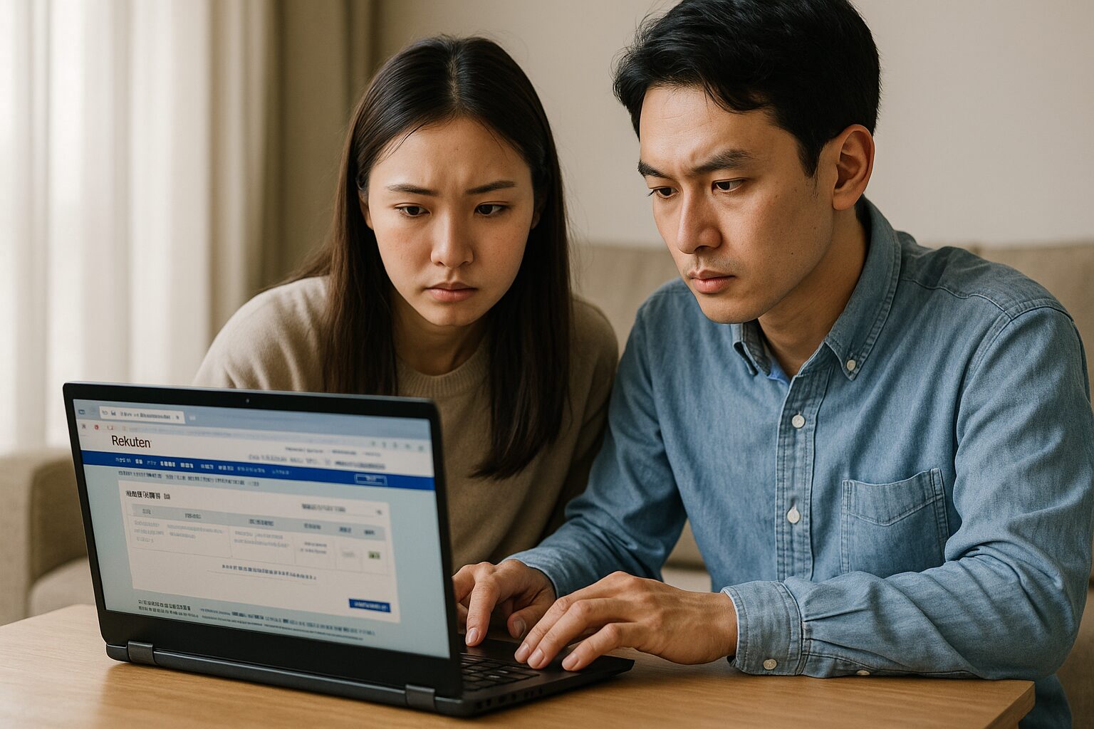 楽天証券で新NISAの投資信託を購入する操作をする若い日本人カップルのイメージ