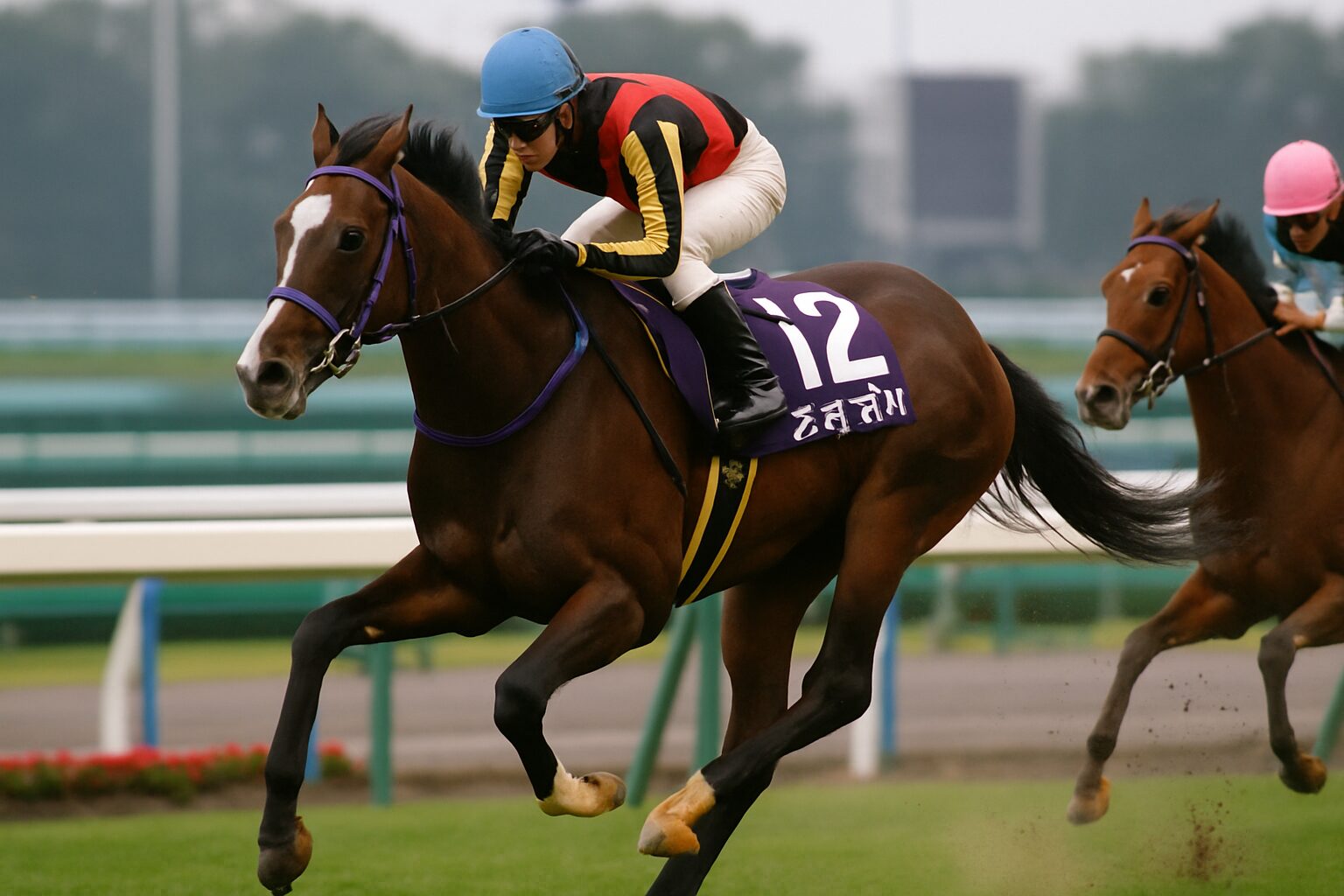 ダービーを駆け抜ける栗毛の名牝とライバル馬の激しい競り合いの瞬間