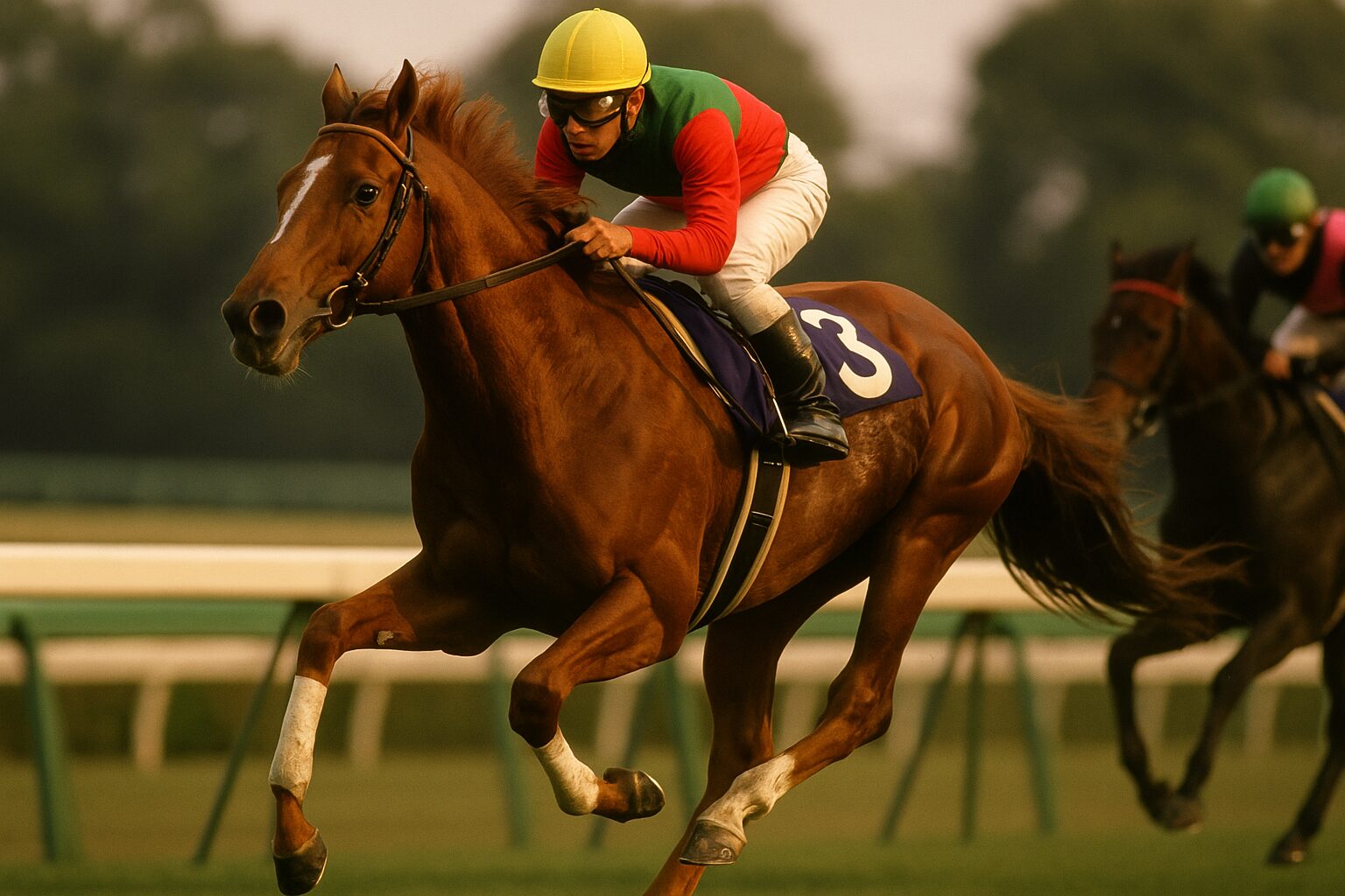 栗毛の競走馬が夕陽を浴びながらレース中に力強く走る姿