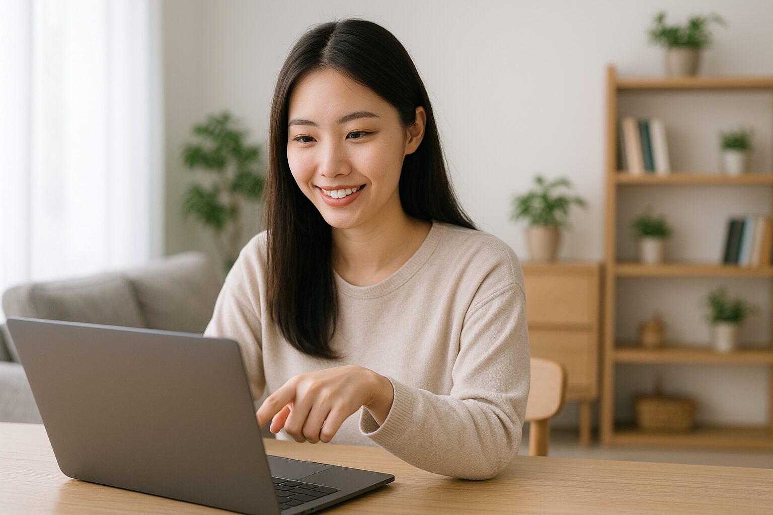 若い女性がノートパソコンを操作する様子（自宅でのブログ作業風景）