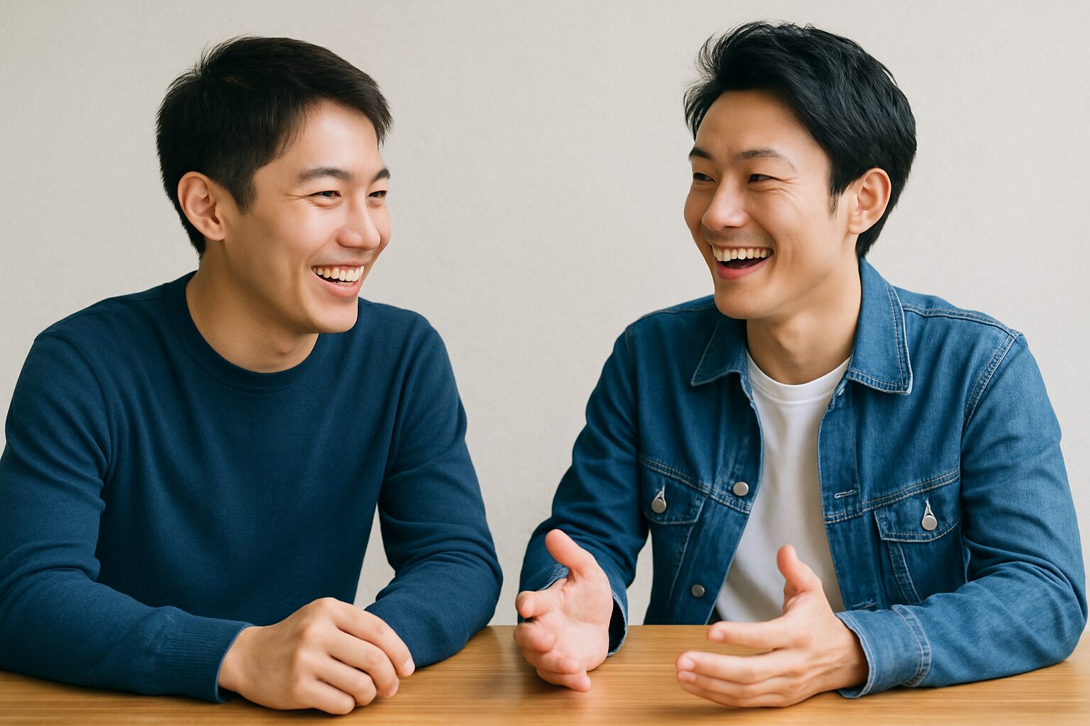 爽やかな雰囲気の中で談笑する日本人男性二人