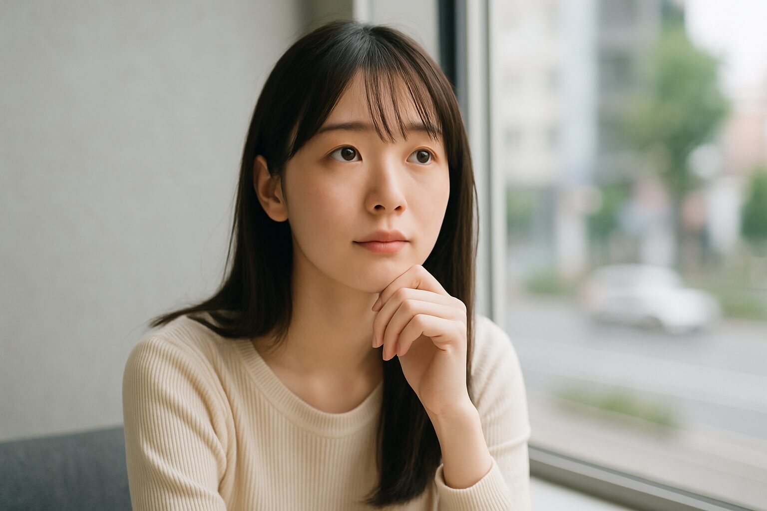 若い女性が窓辺で静かに考え事をしている様子