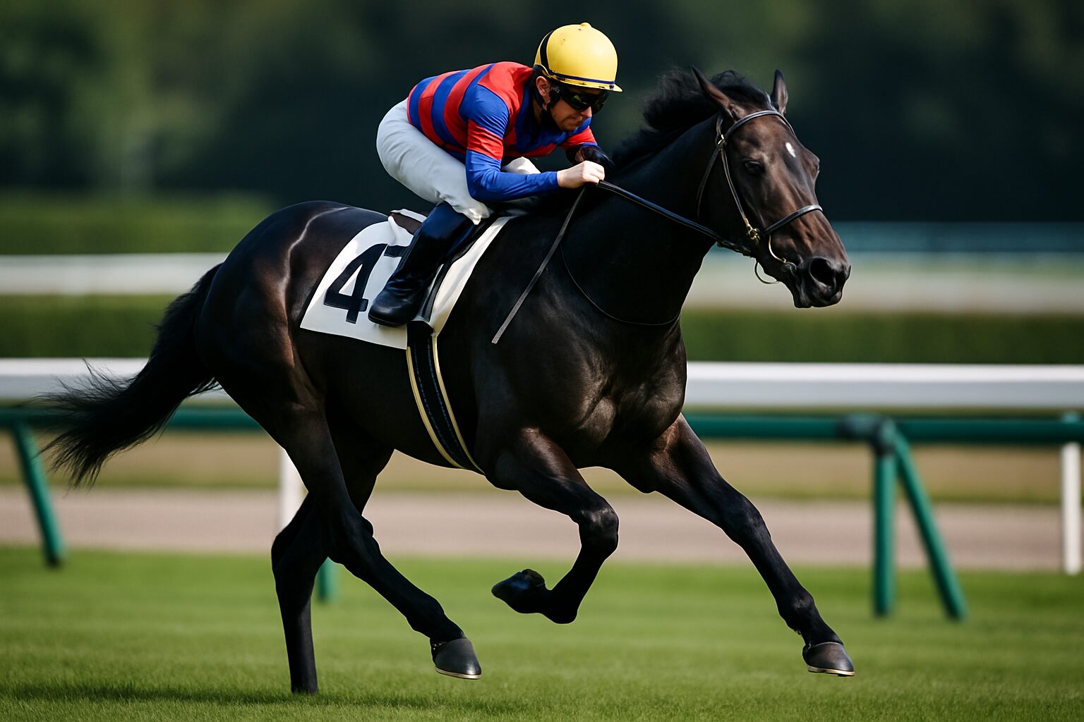 青鹿毛の競走馬が芝コースで先頭を走るレースシーン