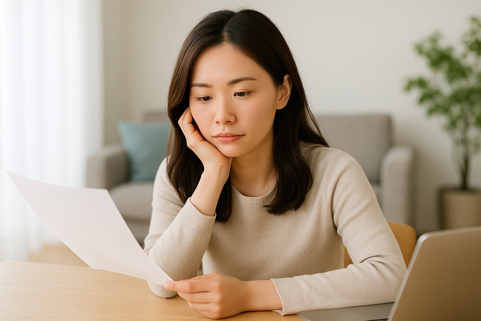 個人年金保険の資料を読みながら静かに考える30代女性のイメージ