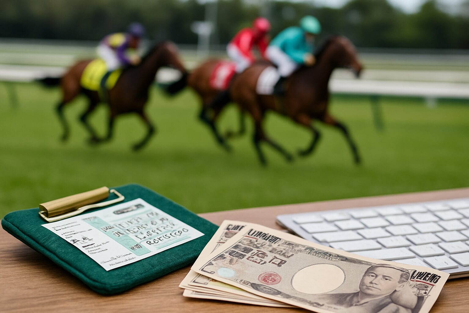 競馬場の背景で走る馬と、手前の馬券・日本円・キーボードのクローズアップ