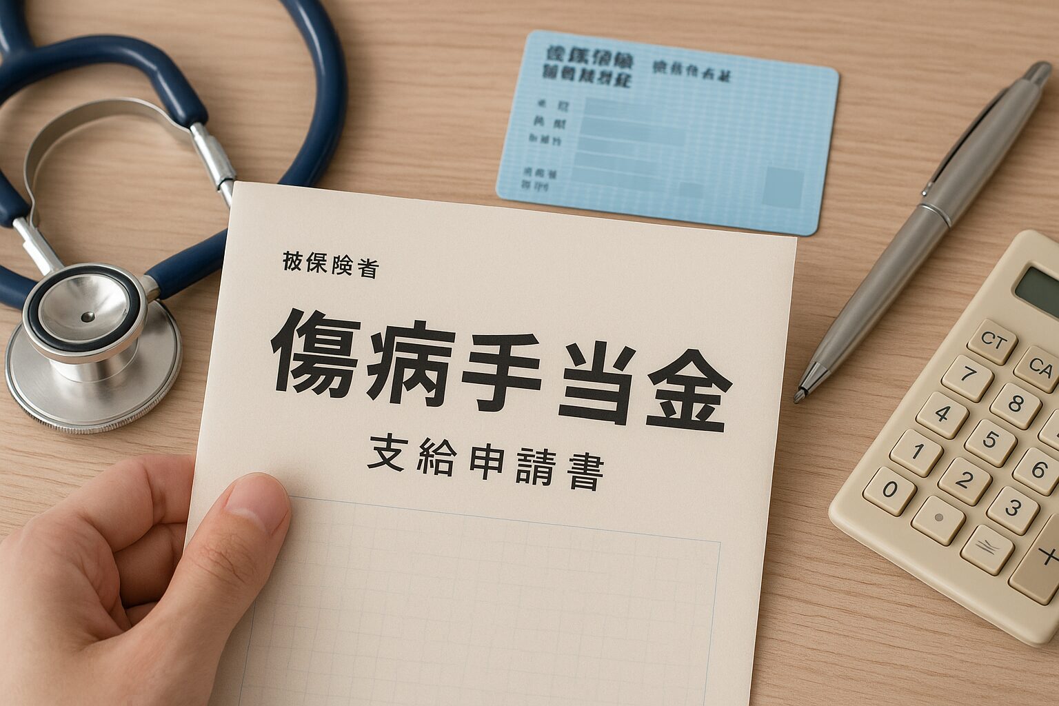 傷病手当金の申請書を持つ手と保険証・電卓・聴診器が並ぶ机の上