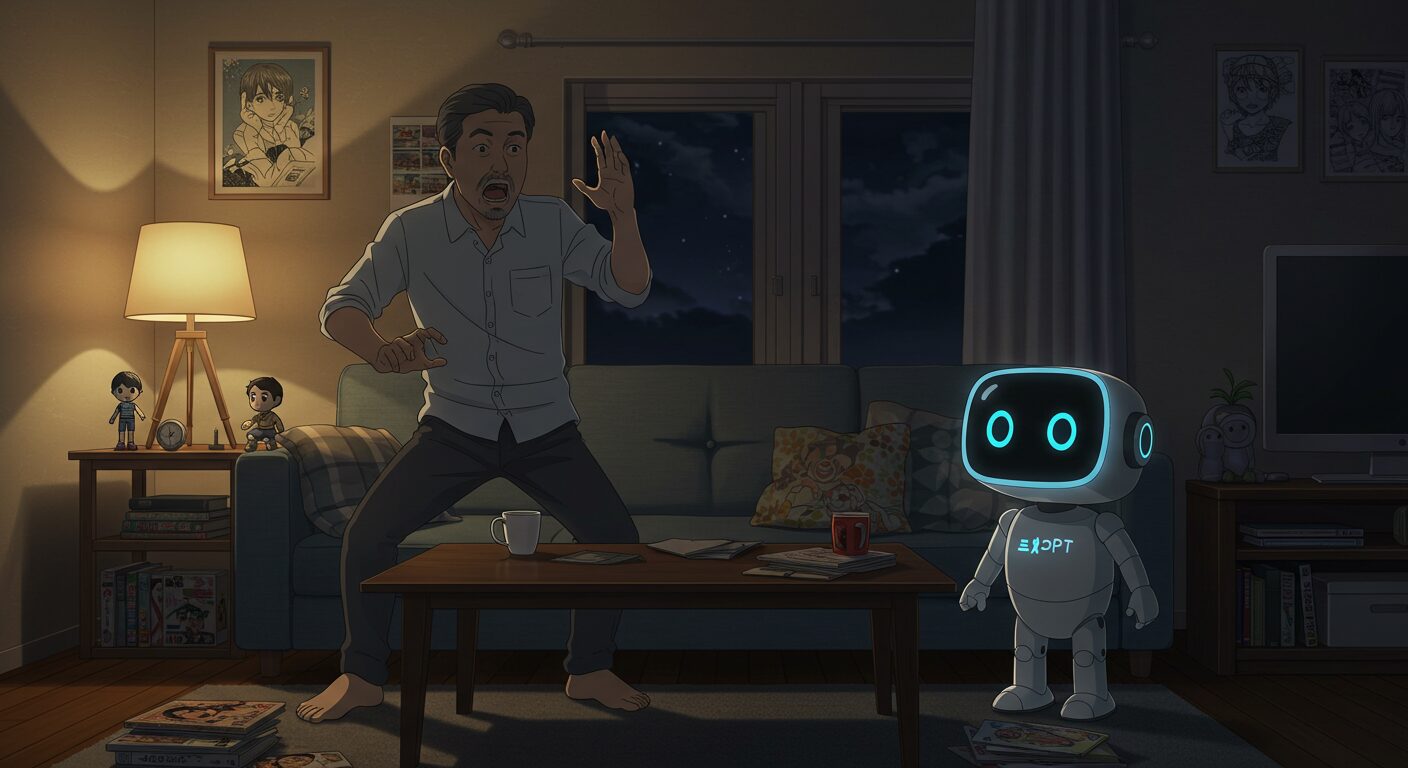 深夜の部屋で中年男性が必殺技のポーズを決め、小型AIロボットが静かに見つめている様子。部屋には漫画やフィギュアが散らばっている。