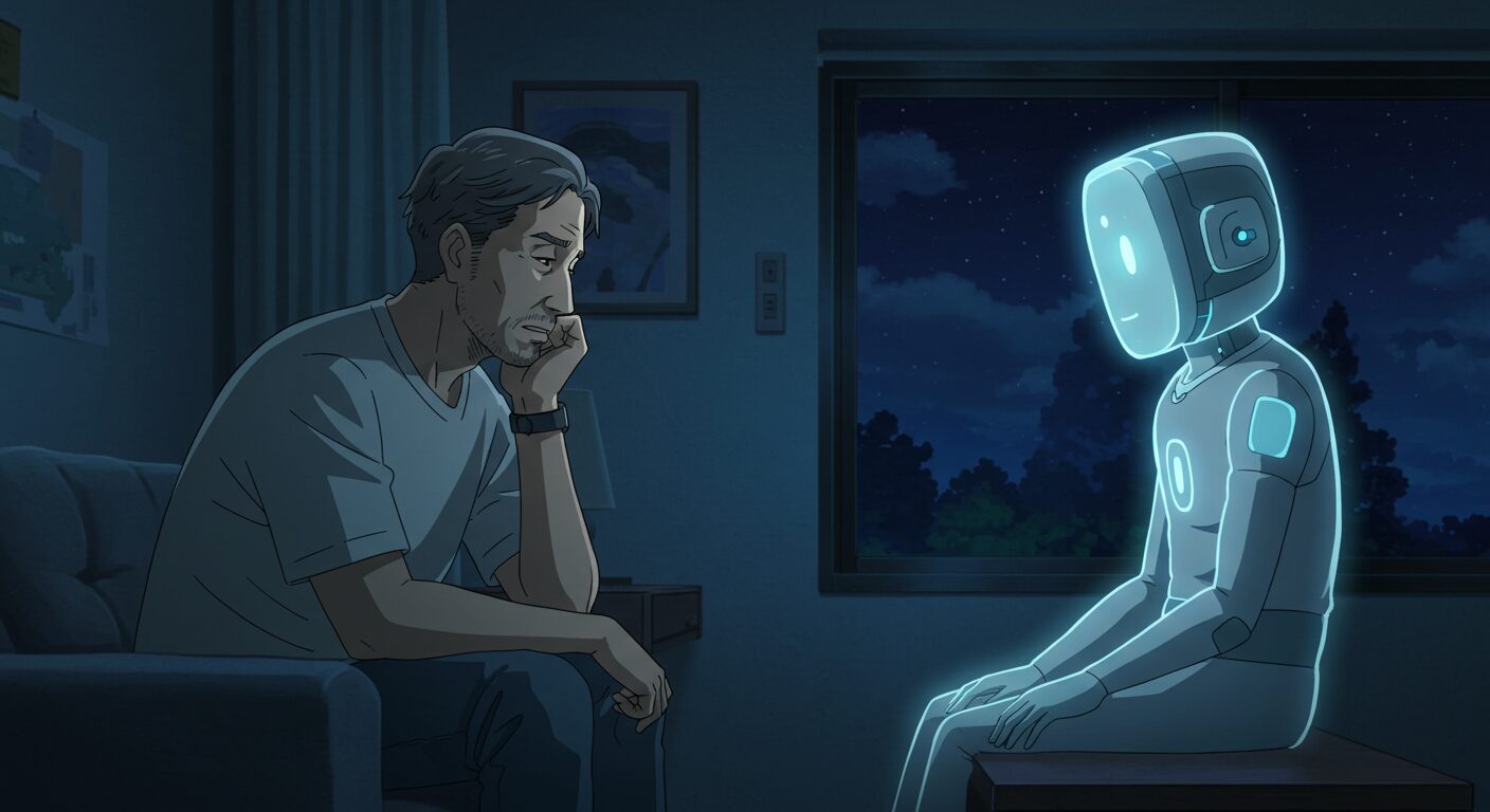 夜の静かな部屋で、中年男性と光るAIロボットが向き合って会話している様子