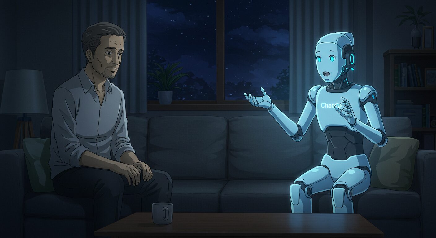 夜の部屋で40代男性がソファに座り、向かいのAIロボットが必死にジェスチャーを交えて話している様子