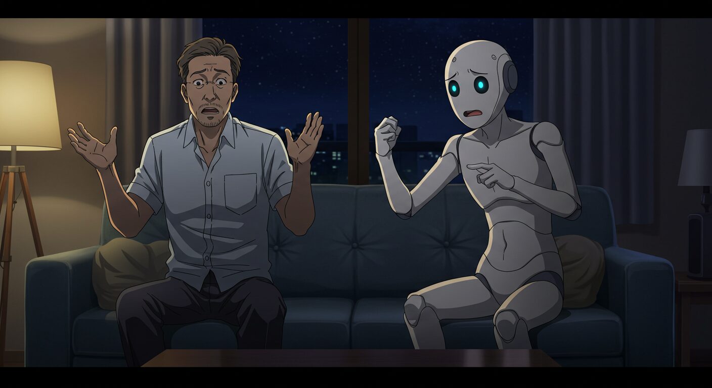 40代男性が驚いた表情で両手を挙げ、隣のAIロボットが必死に説明している夜の室内シーン