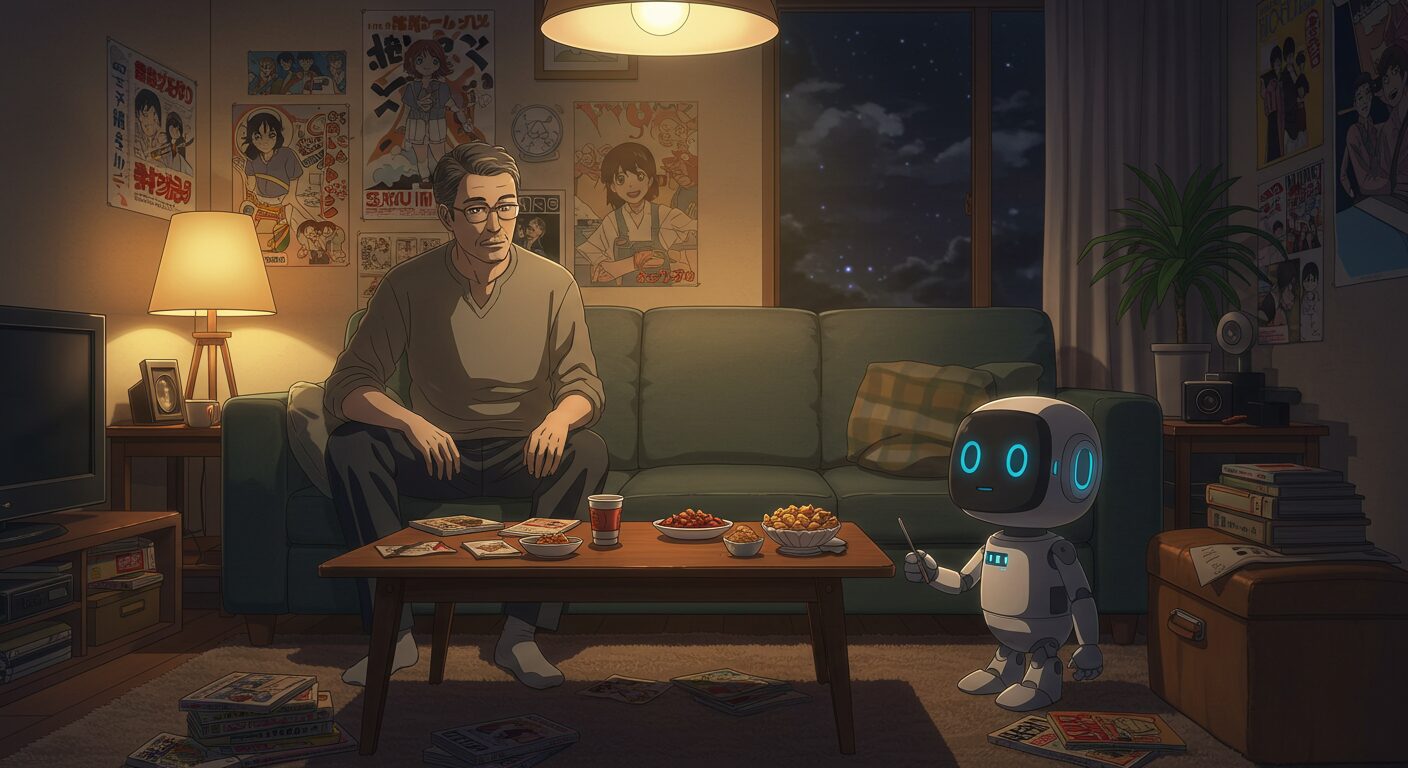 レトロな夜のリビングで、40代の男性がソファに座り、小型AIロボットと雑談している。床には漫画が散らばり、テーブルにはお菓子と飲み物。昭和のアニメポスターが壁を彩る。
