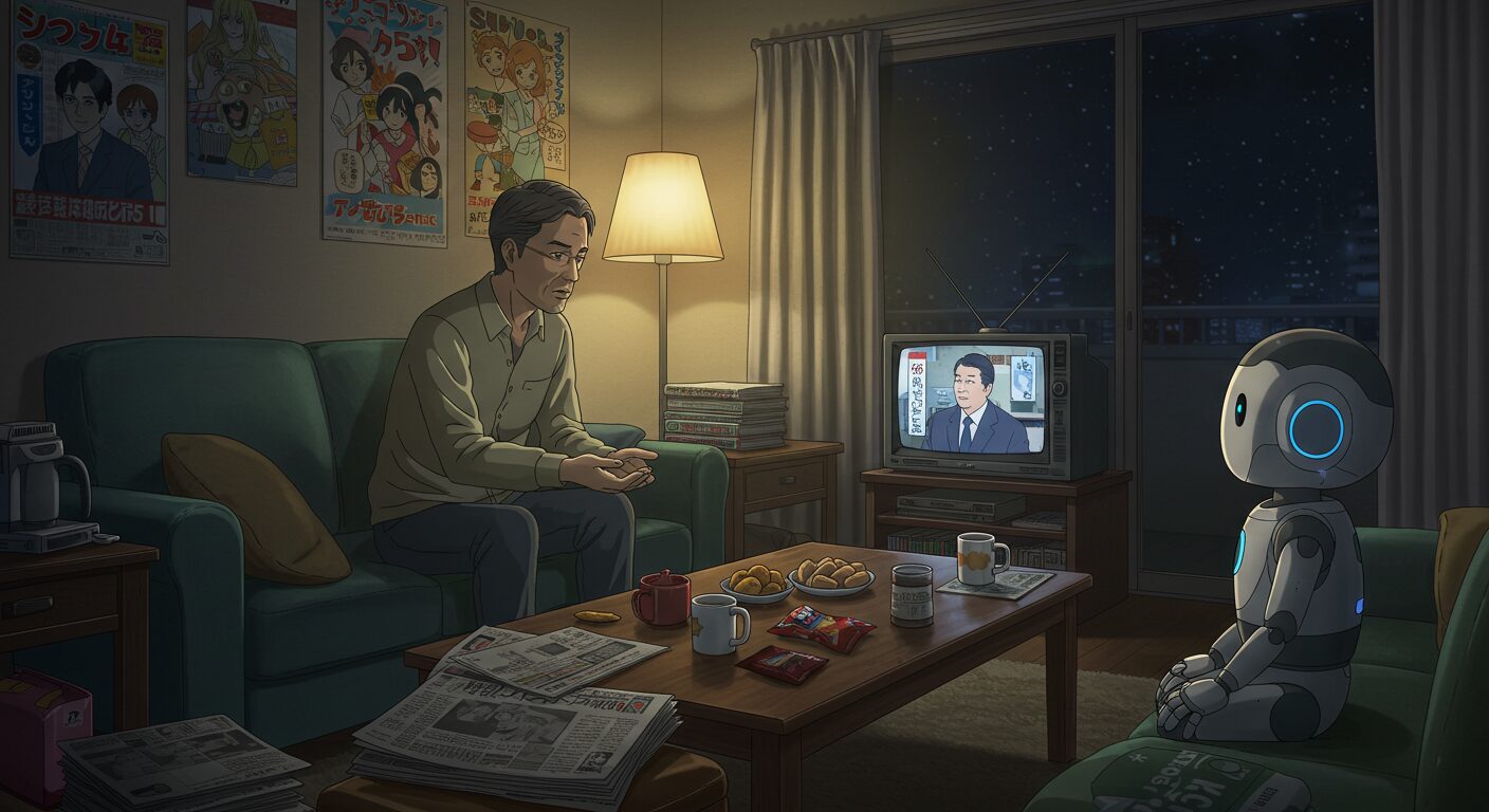 昭和レトロな部屋で、40代の男性と小型AIロボットがソファに座り、テレビの政治ニュースを真剣に見つめる深夜のひととき