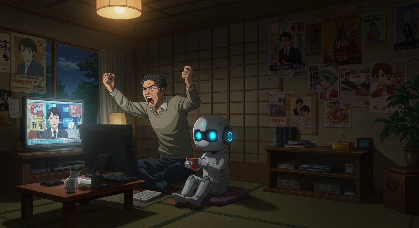 課金主義に叫ぶよしおと、静かに見守るAI。ちゃぶ台のある昭和風の部屋で怒りが炸裂する夜。
